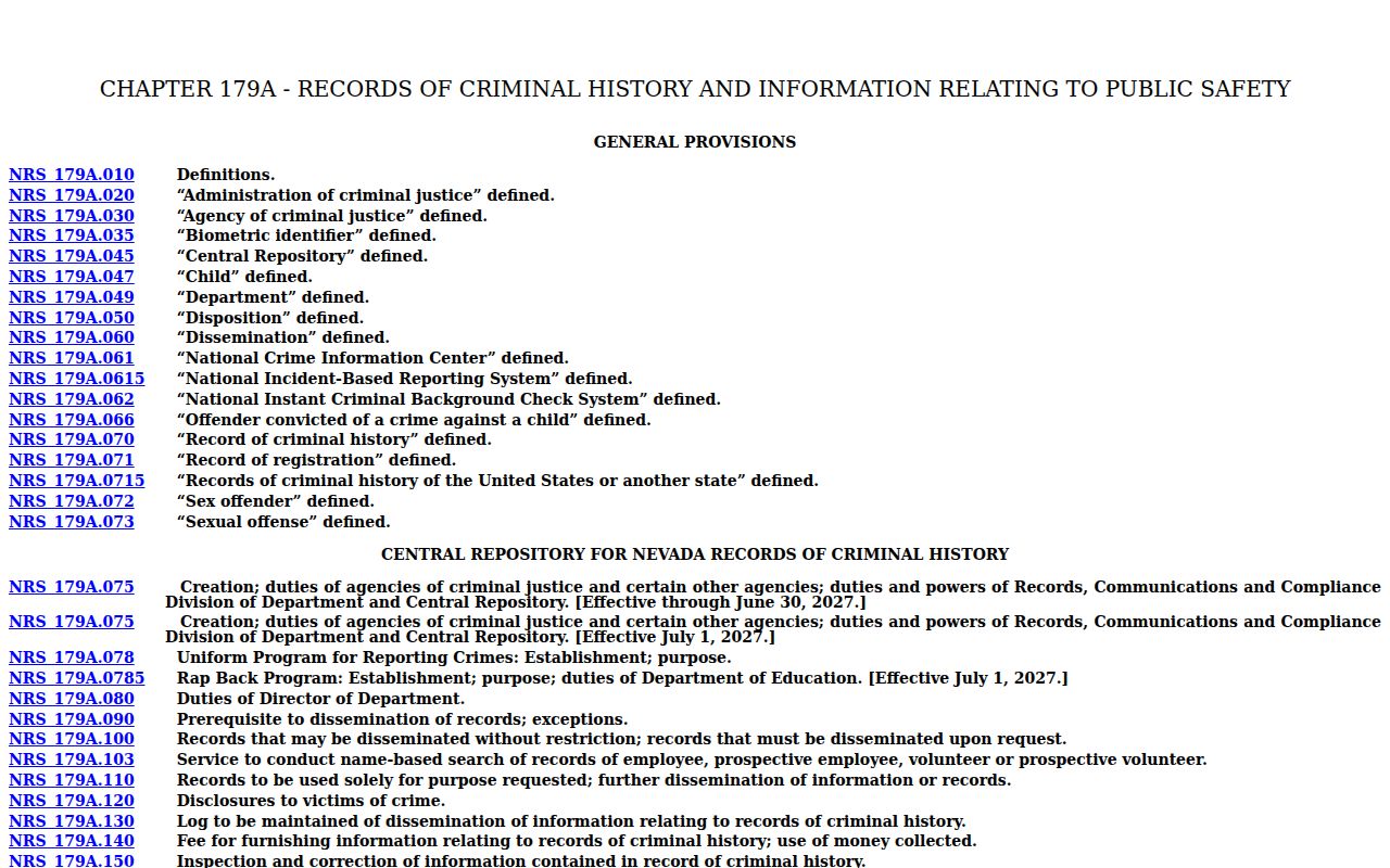Nevada criminal-history access limits for Eureka County active warrant records