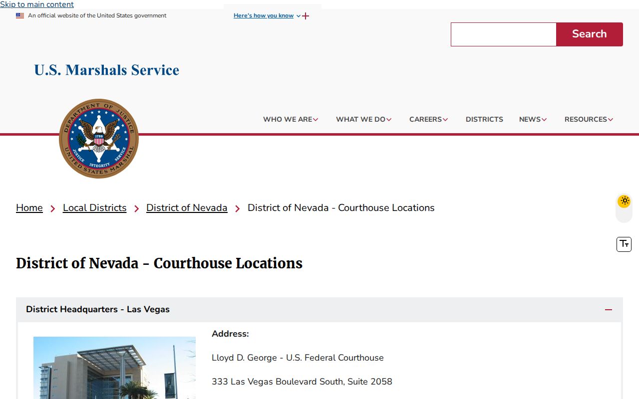 District of Nevada federal courthouse locations for federal warrant routing
